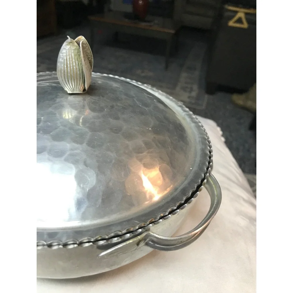 MCM Vintage hammered aluminum casserole with lid, MCM, Rodney Kent, tulip design